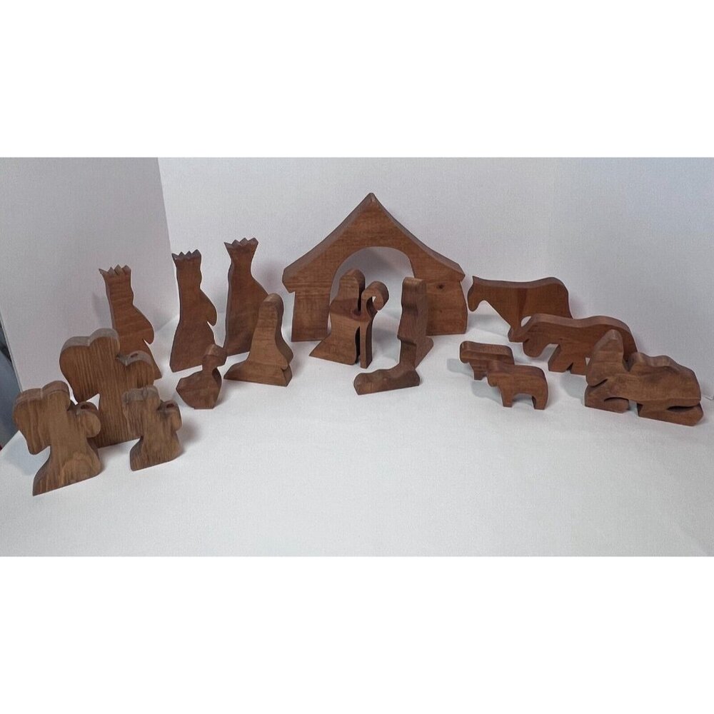Handmade Wooden 17 Piece Nativity Primitive Wisemen Animals Mary Joseph Barn